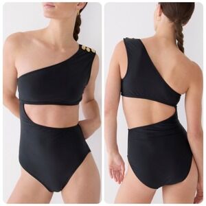 J. Crew Black One Shoulder‎ One Piece Swimsuit Cutout Gold Button Detail Size 20